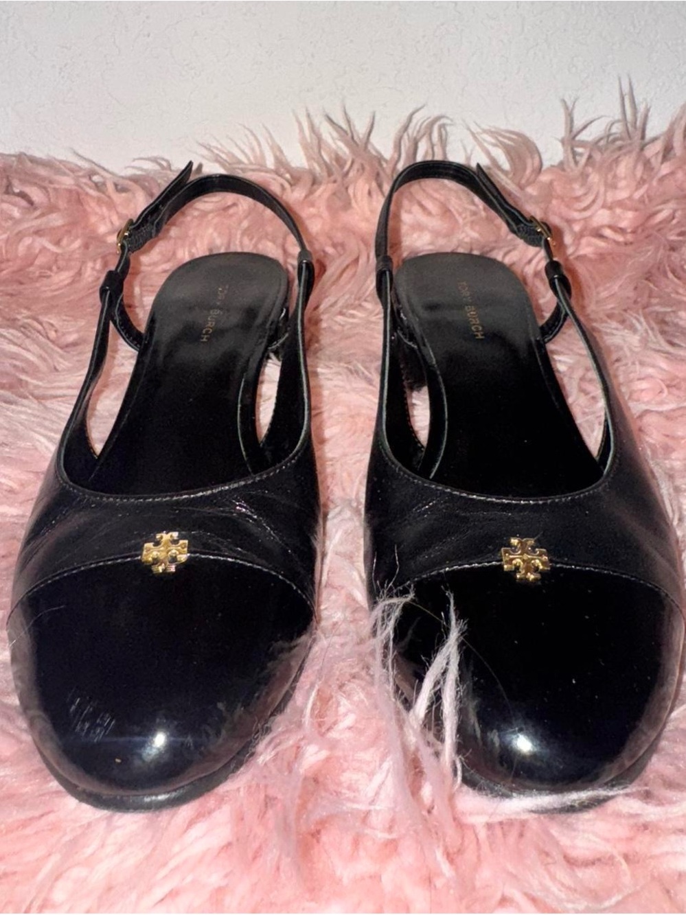 Tory Burch Black Patent Slingback Mules with Gold Logo